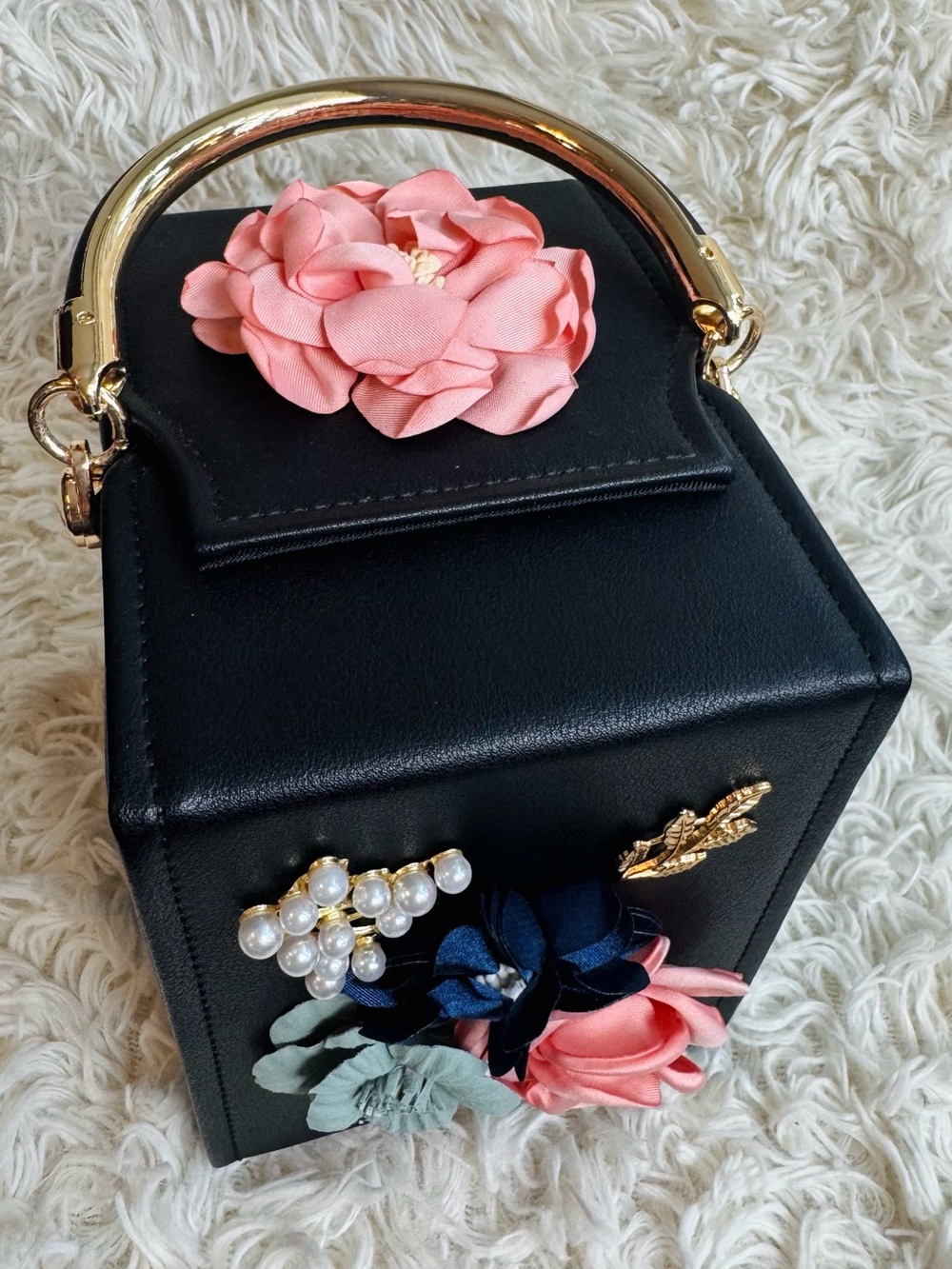 Cube Top Handle Bag with Multicolor Floral Appliqué and Gold Hardware - Picture 5 of 9